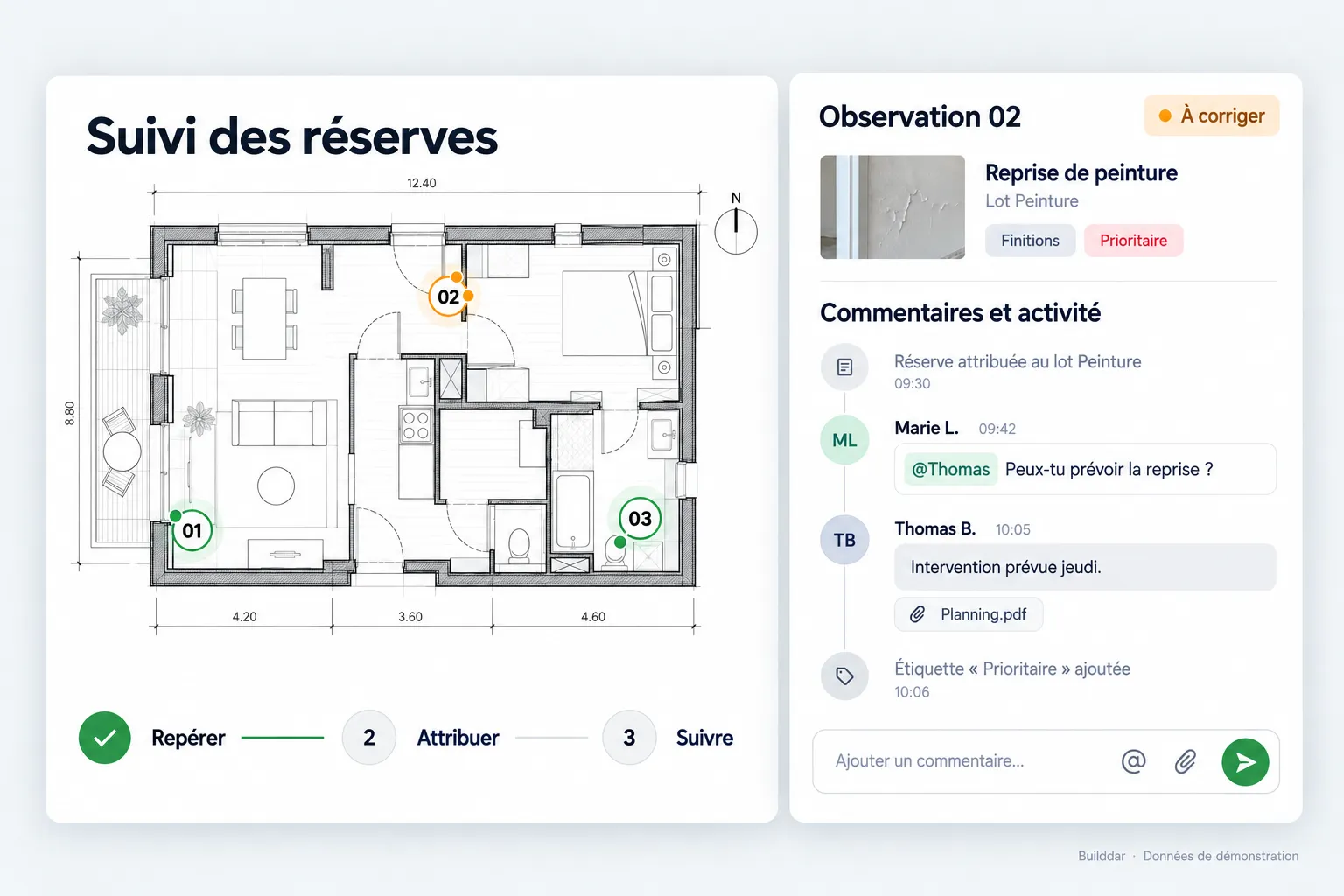 Illustration du module levée des réserves dans Builddar